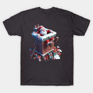 Santa Claus stuck in a chimney, with his feet dangling out and presents scattered around T-Shirt